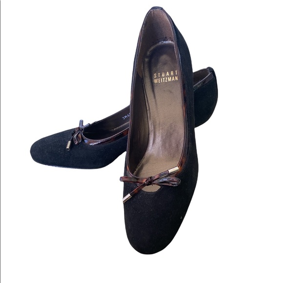 Stuart Weitzman Vintage Black Suede Tortoise Bow Kitten Heels Pumps - 5 - Picture 3 of 12